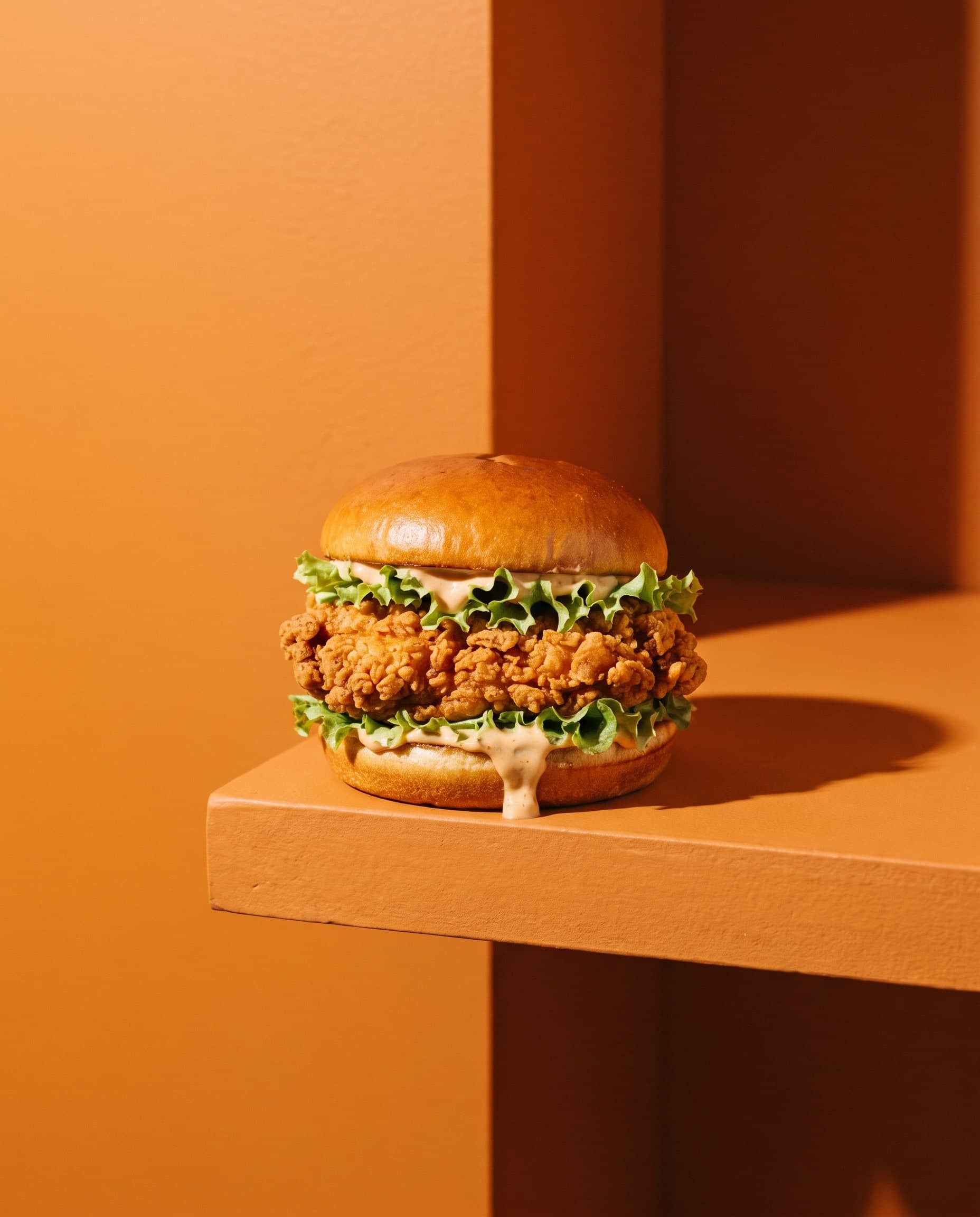 Knuspriger Chicken Burger mit Salat und Sauce auf einer orangen Ablage