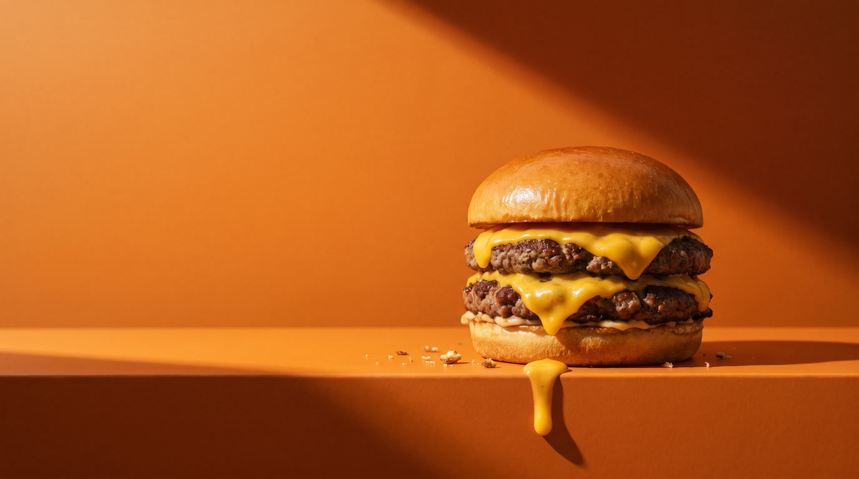 Doppelter Burger mit geschmolzenem Käse vor einer orangen Wand